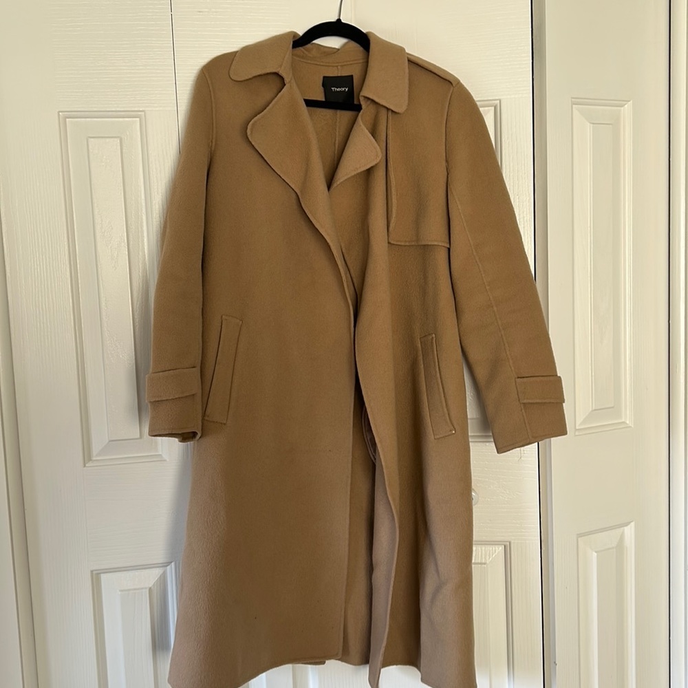 Theory wrap coat, tan color, cashmere & wool